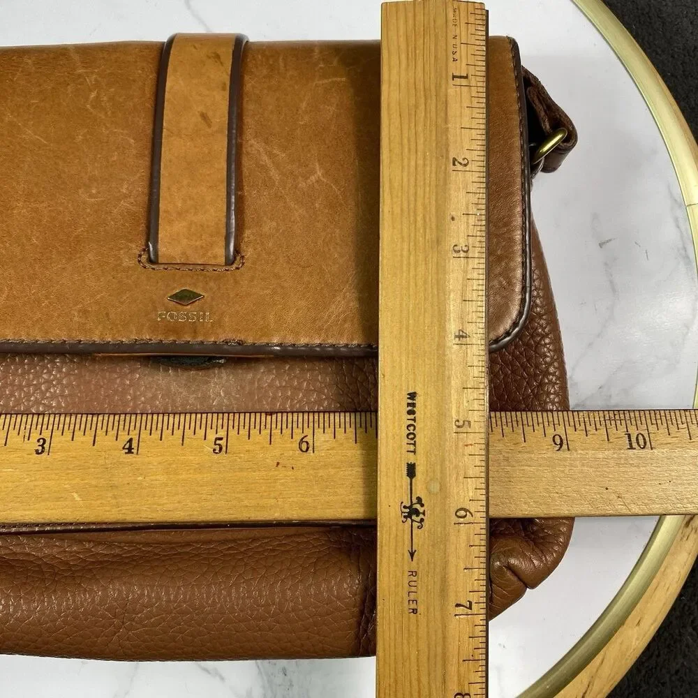 Fossil Kinley Brown Pebbled Leather Crossbody Bag Medium Satchel Brass Hardware